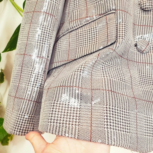 $495 NWT BADGLEY MISCHKA Plaid  Blazer Silver Coat XS Button down Sparkle Chic - Picture 7 of 14